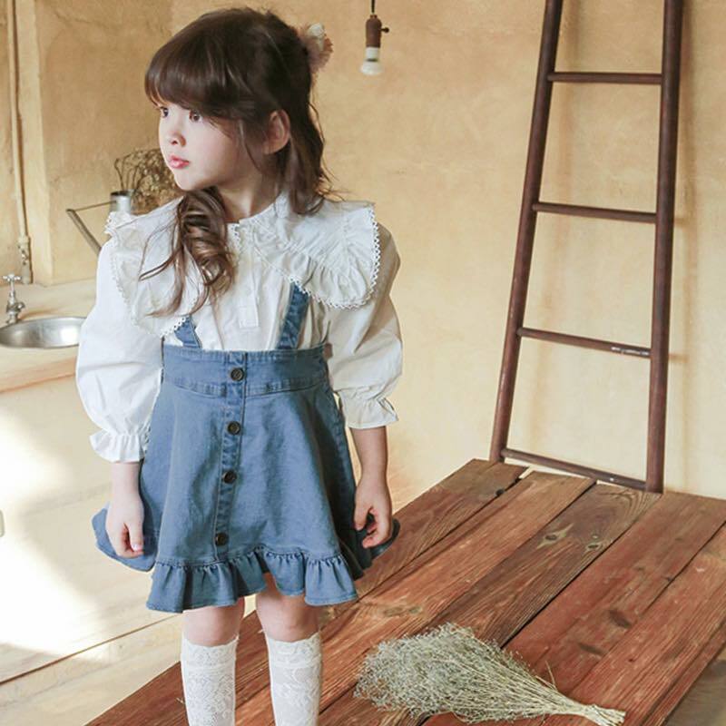 H91BL_SS23_C💙韓風荷葉邊吊帶牛仔裙