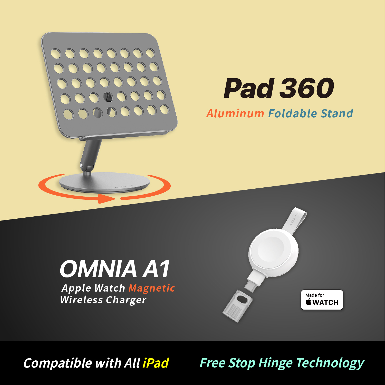 【New Arrival】Pad 360 Aluminum Foldable Stand + OMNIA A1 Apple Watch Magnetic Wireless Charger
