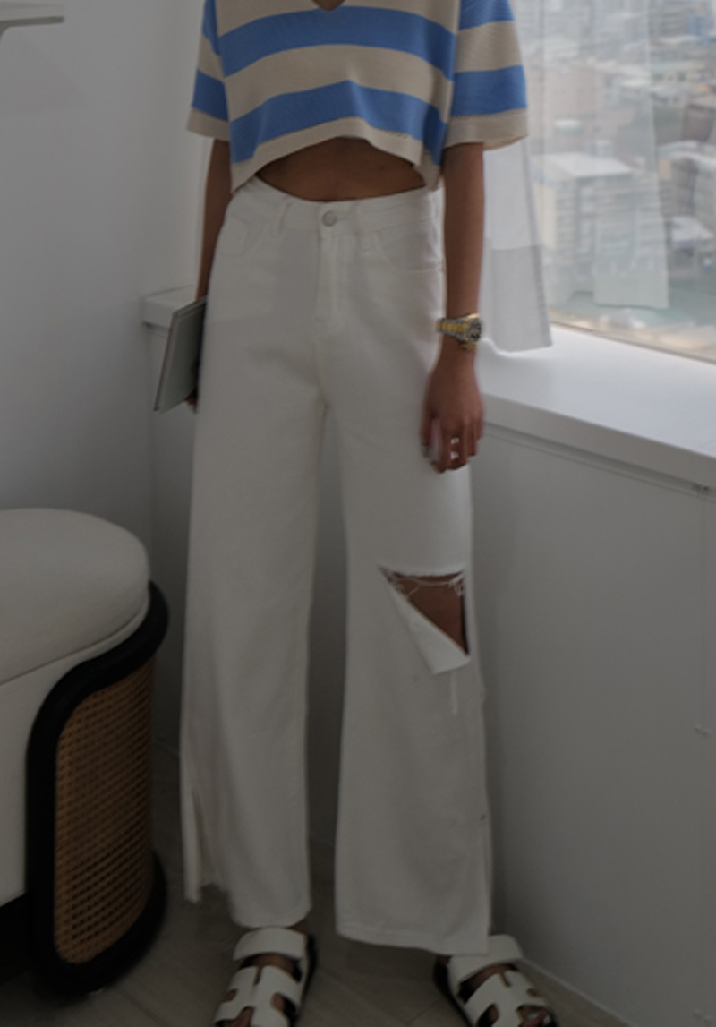 牛仔側開衩寬破褲*2色