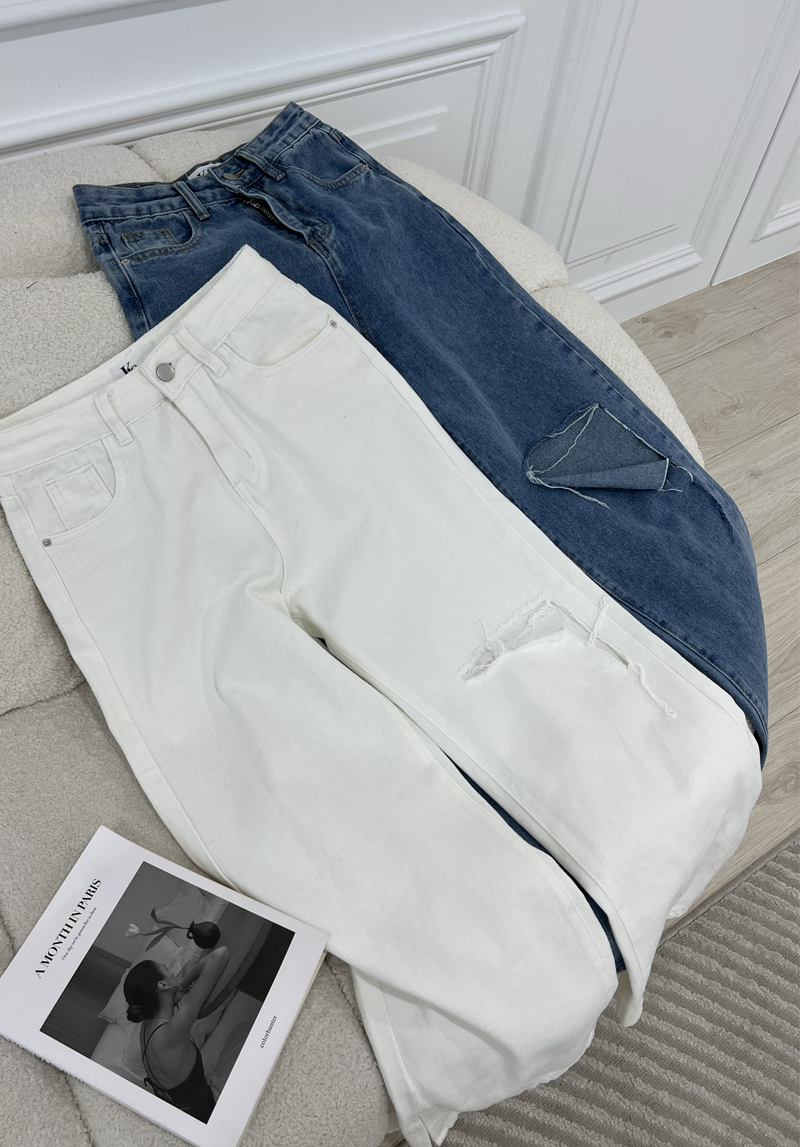 牛仔側開衩寬破褲*2色