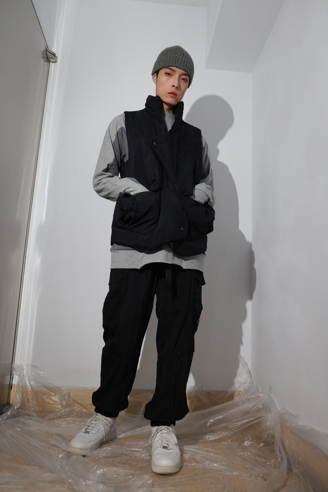 羅紋剪接立體長褲-黑