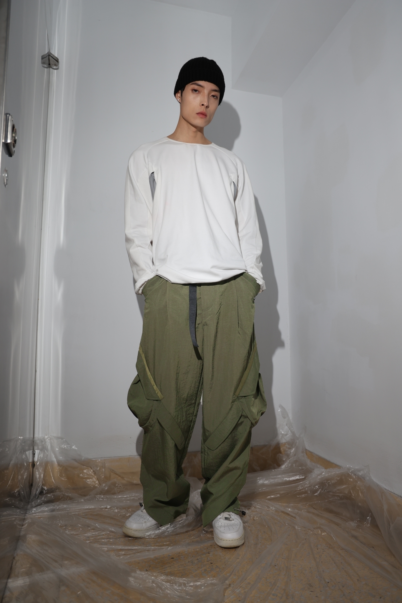 多口袋腰帶長褲-綠