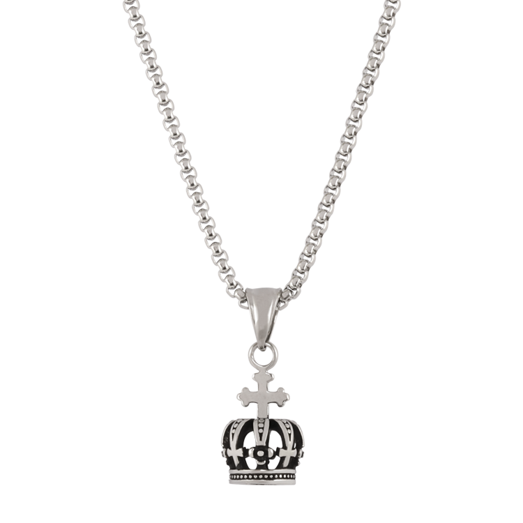 白鋼項鍊，男士項鍊 十字皇冠造型；復古韻味街頭風格（2982）