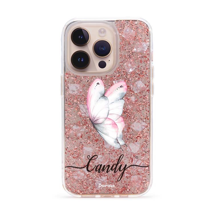 夢幻粉蝶 玫瑰金貝拉殼 - (訂製名字) iPhone客製化手機殼