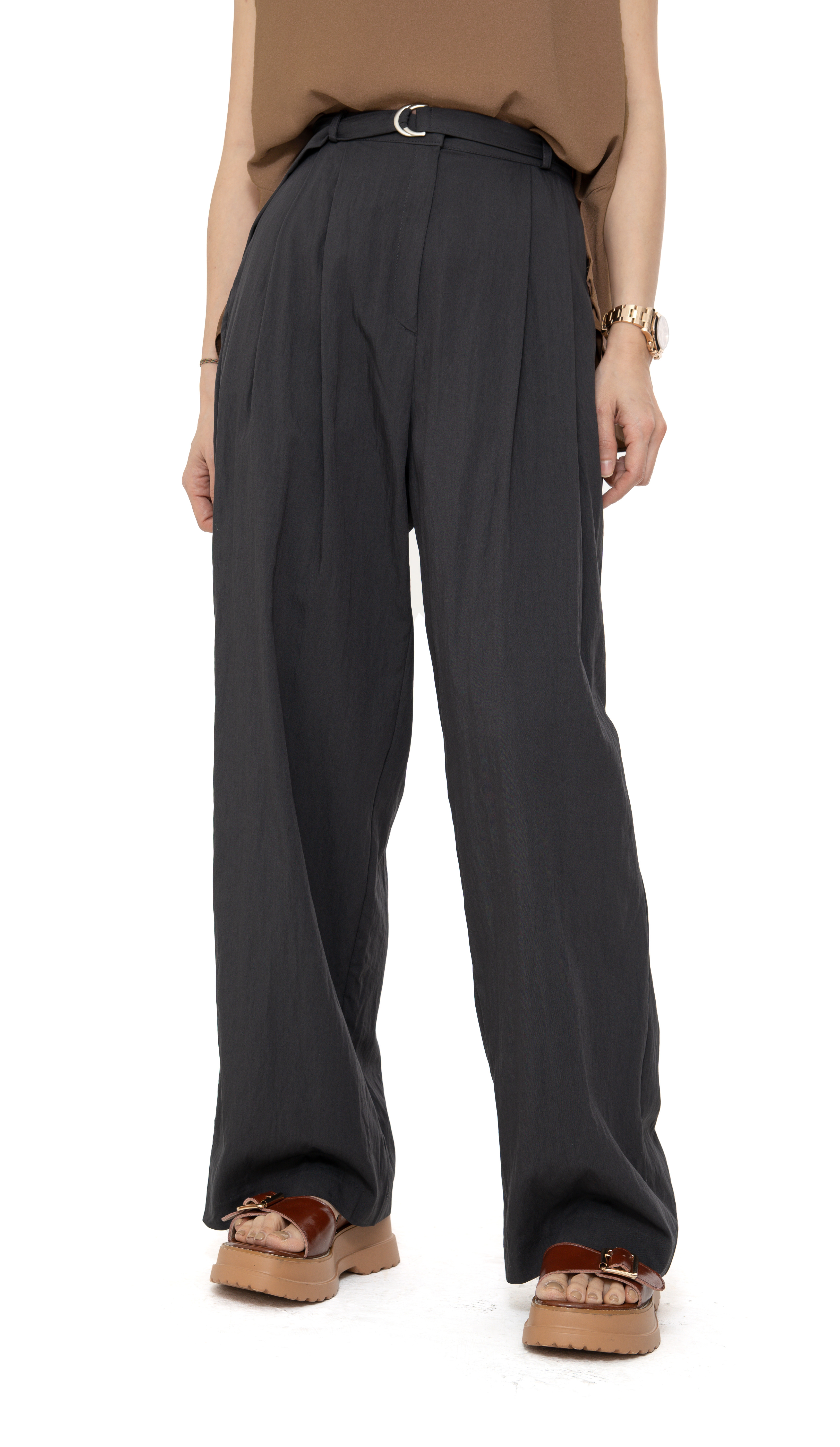 腰扣灰綠鬆身風褸料褲 (現貨款式）