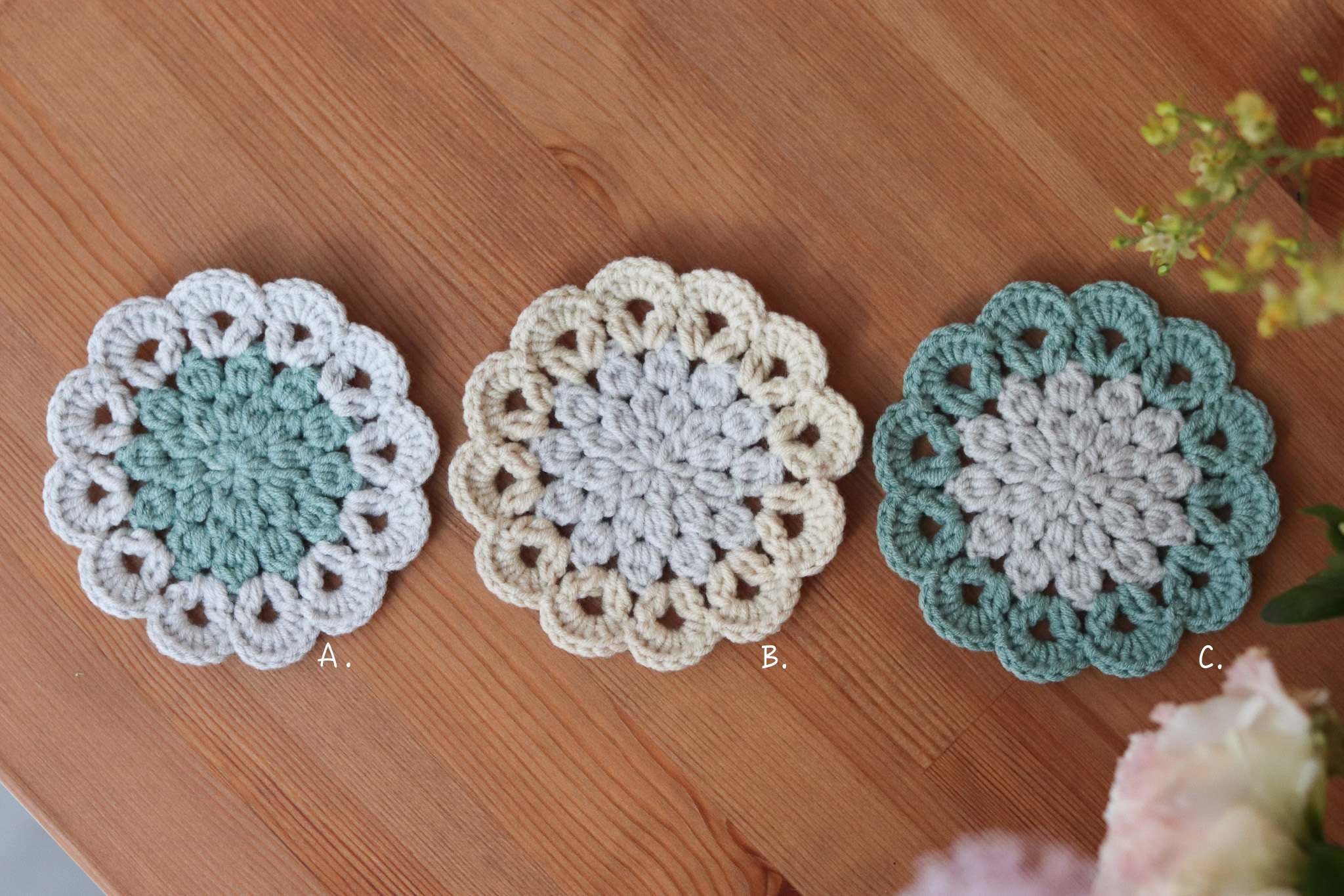 手工鉤織 牛奶棉 拼色杯墊2