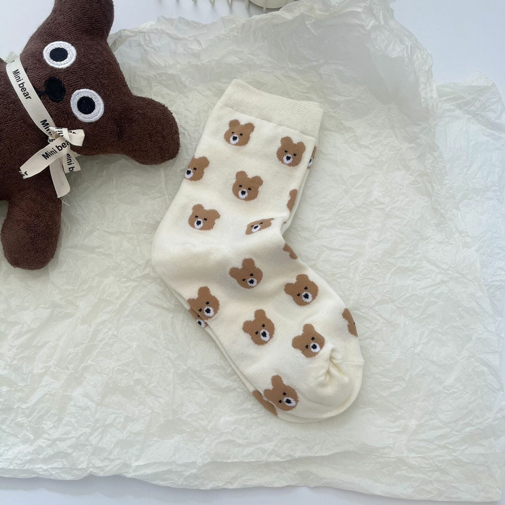 《1691》♾️奶茶色暖暖熊中筒襪