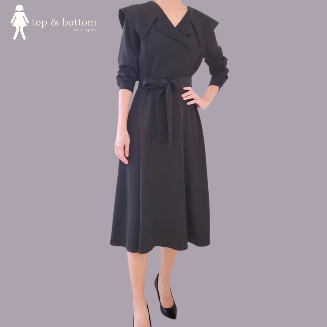 COLLARED L/SLEEVE MIDI DRESS