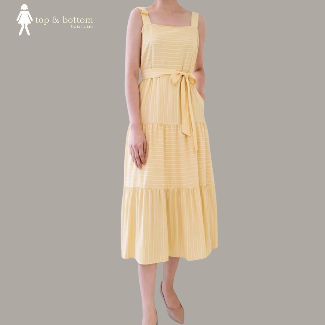 STRAP STRIPED TIERED MIDI DRESS