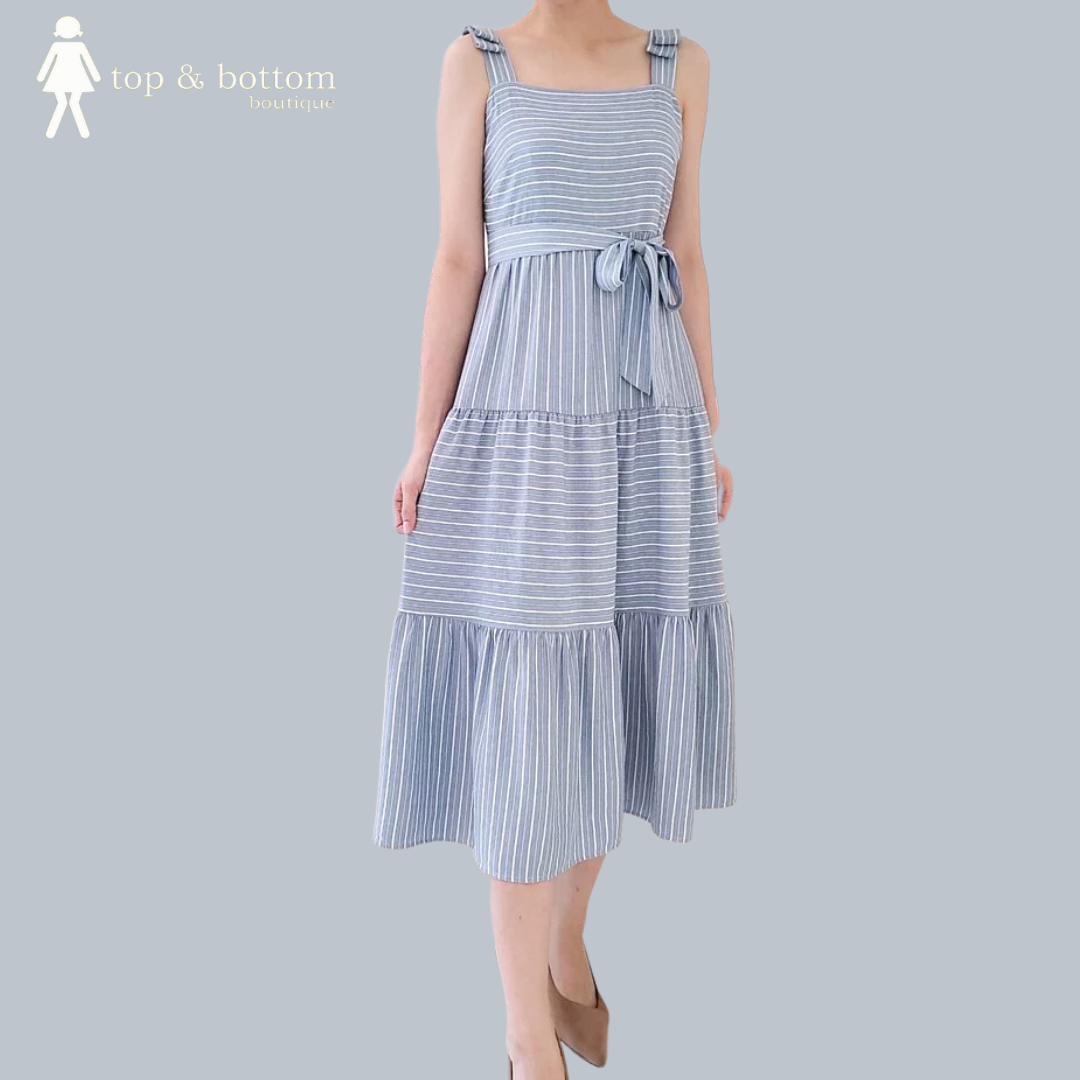 STRAP STRIPED TIERED MIDI DRESS
