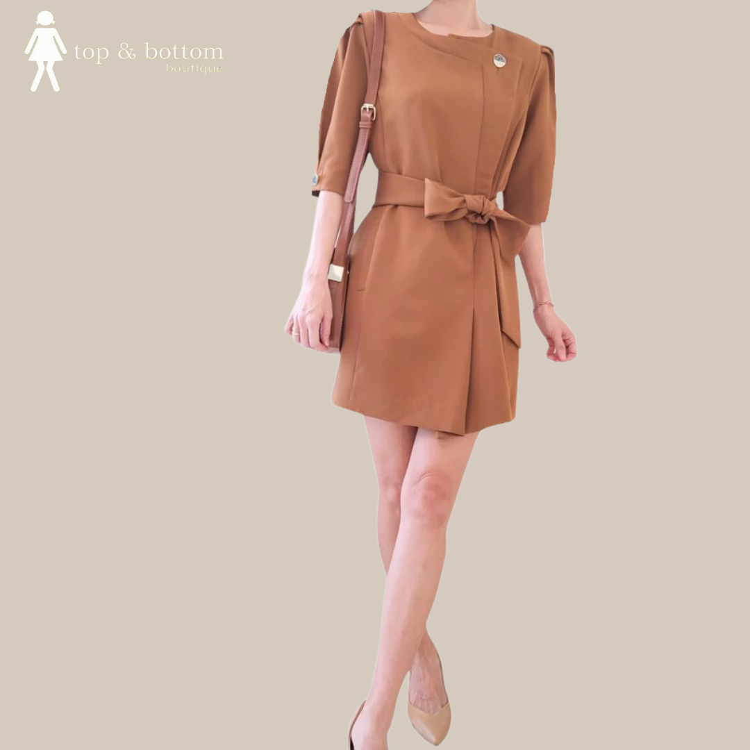 M/SLEEVE RIBBON WAISTED SHORT DRESS
