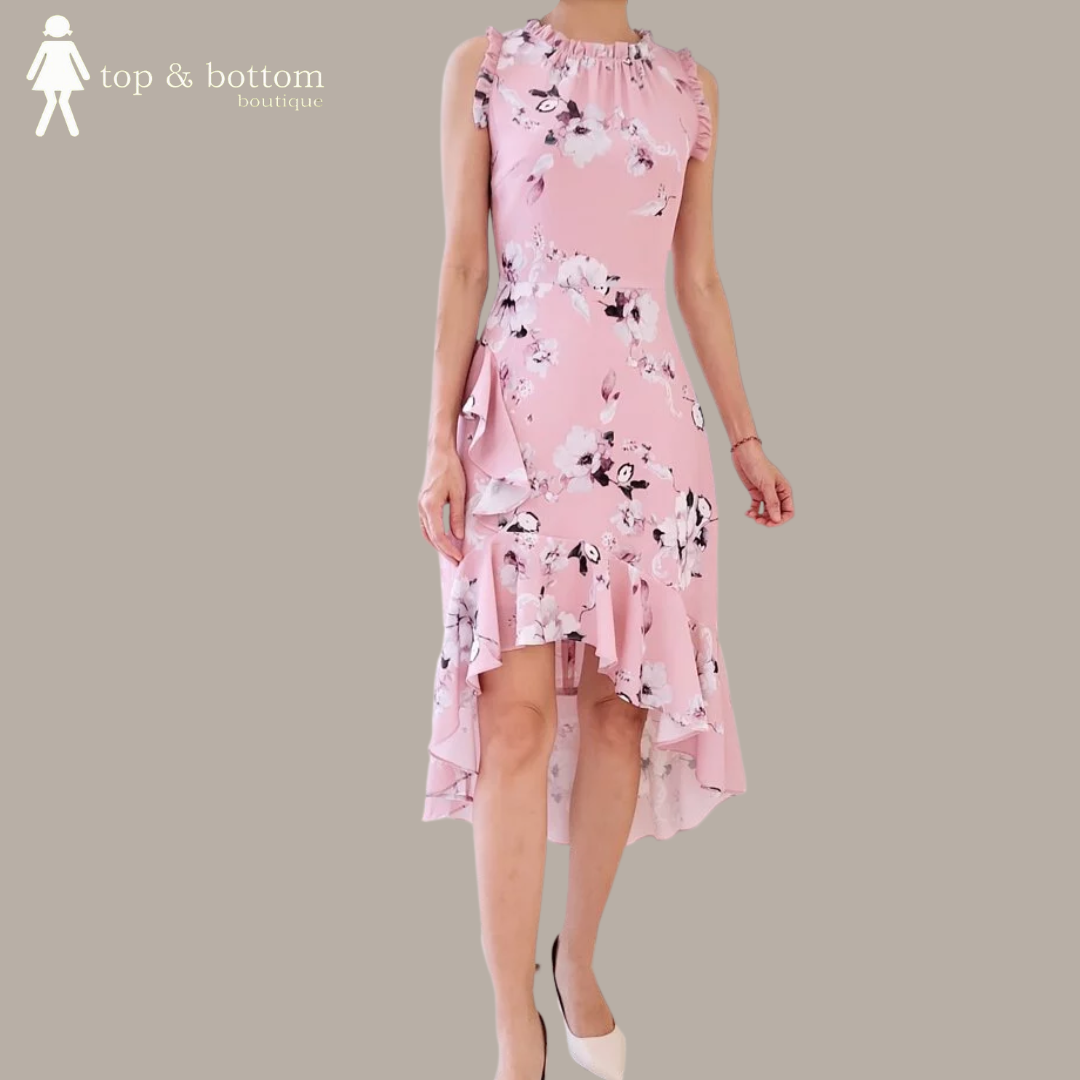 FLORAL ASYMMETRICAL RUFFLES TRIM DRESS