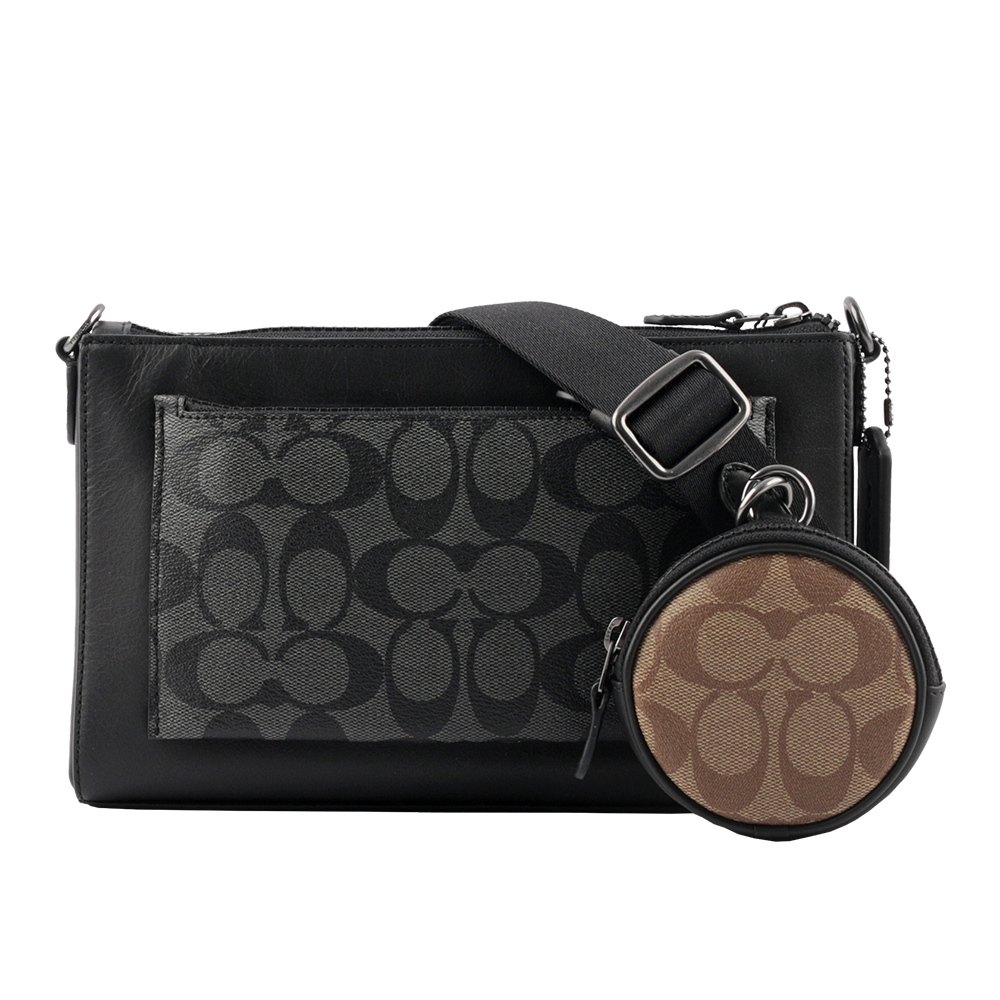 【COACH】Holden 塗層帆布拼皮革雙拉鍊附零錢袋斜背包(炭黑色)