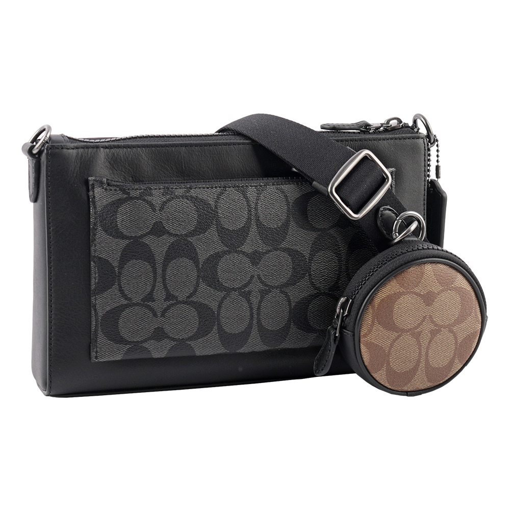 【COACH】Holden 塗層帆布拼皮革雙拉鍊附零錢袋斜背包(炭黑色)