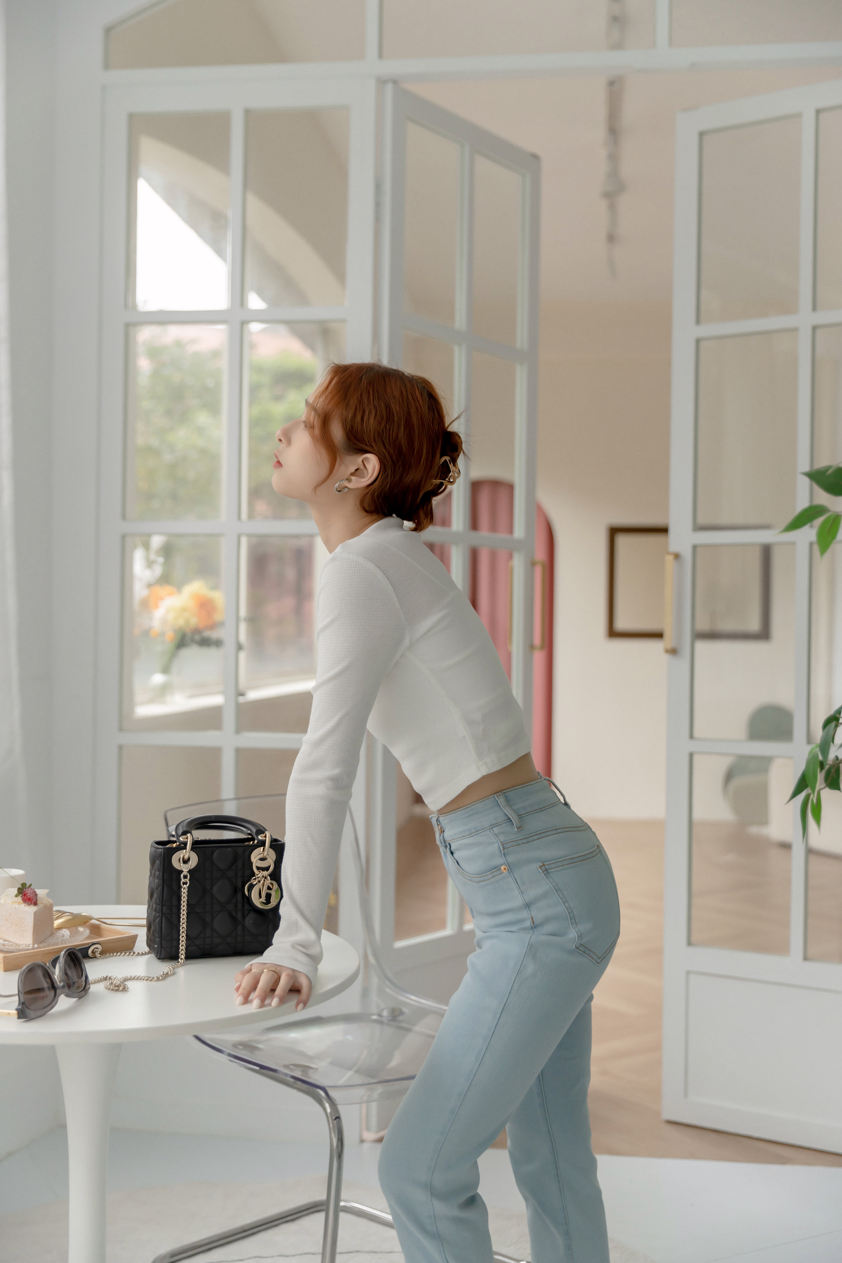 超模褲新色登場*淺藍金釦超模褲