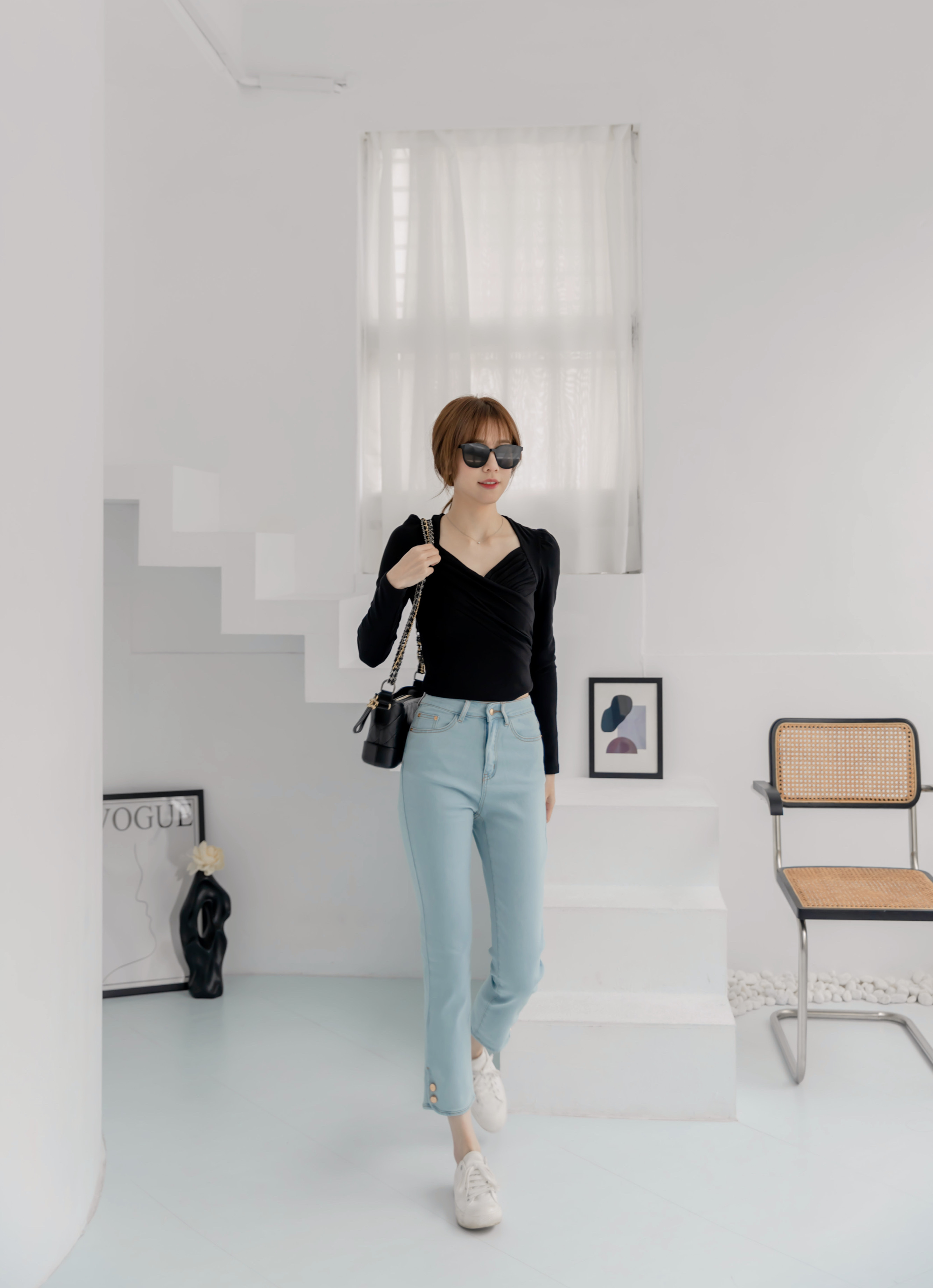 超模褲新色登場*淺藍金釦超模褲