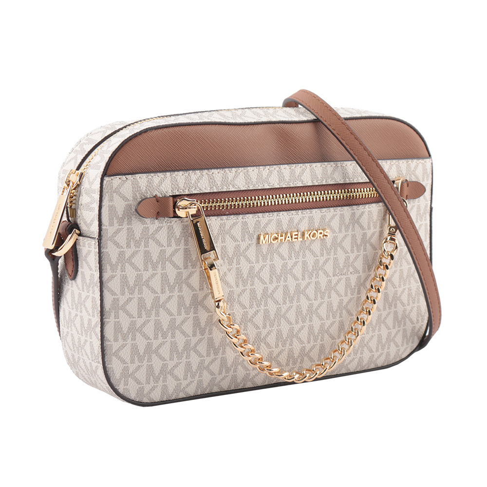 【Michael Kors】金字滿版塗層帆布附鏈帶前口袋方包(香草色)