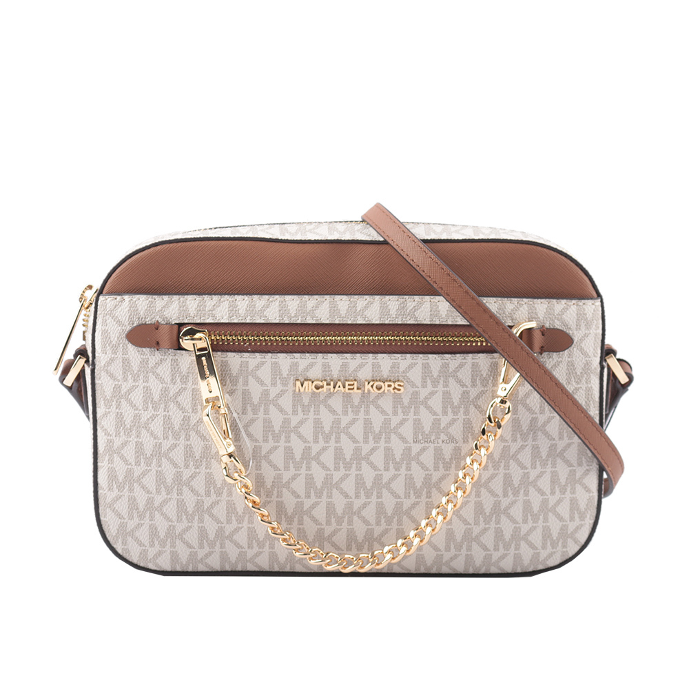 【Michael Kors】金字滿版塗層帆布附鏈帶前口袋方包(香草色)