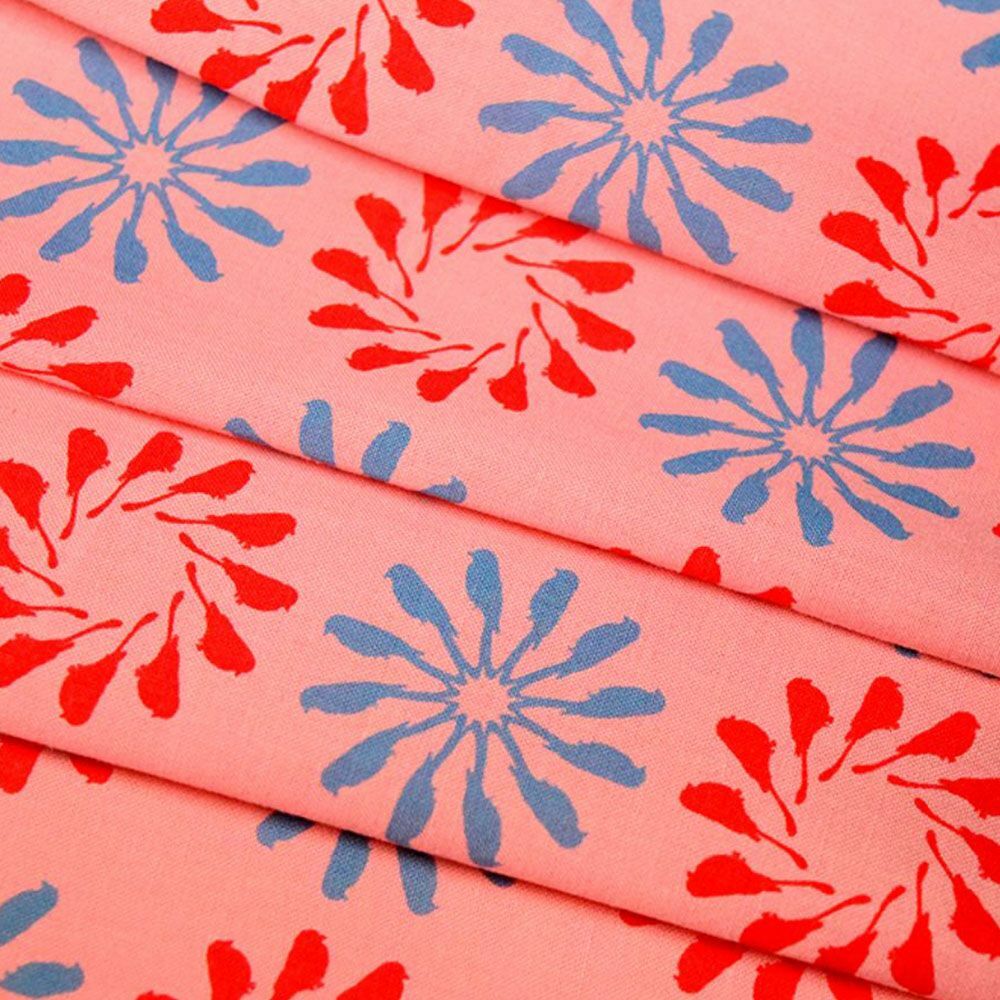 寬幅平織印花棉布/烏秋圈圈/桃粉天藍橘