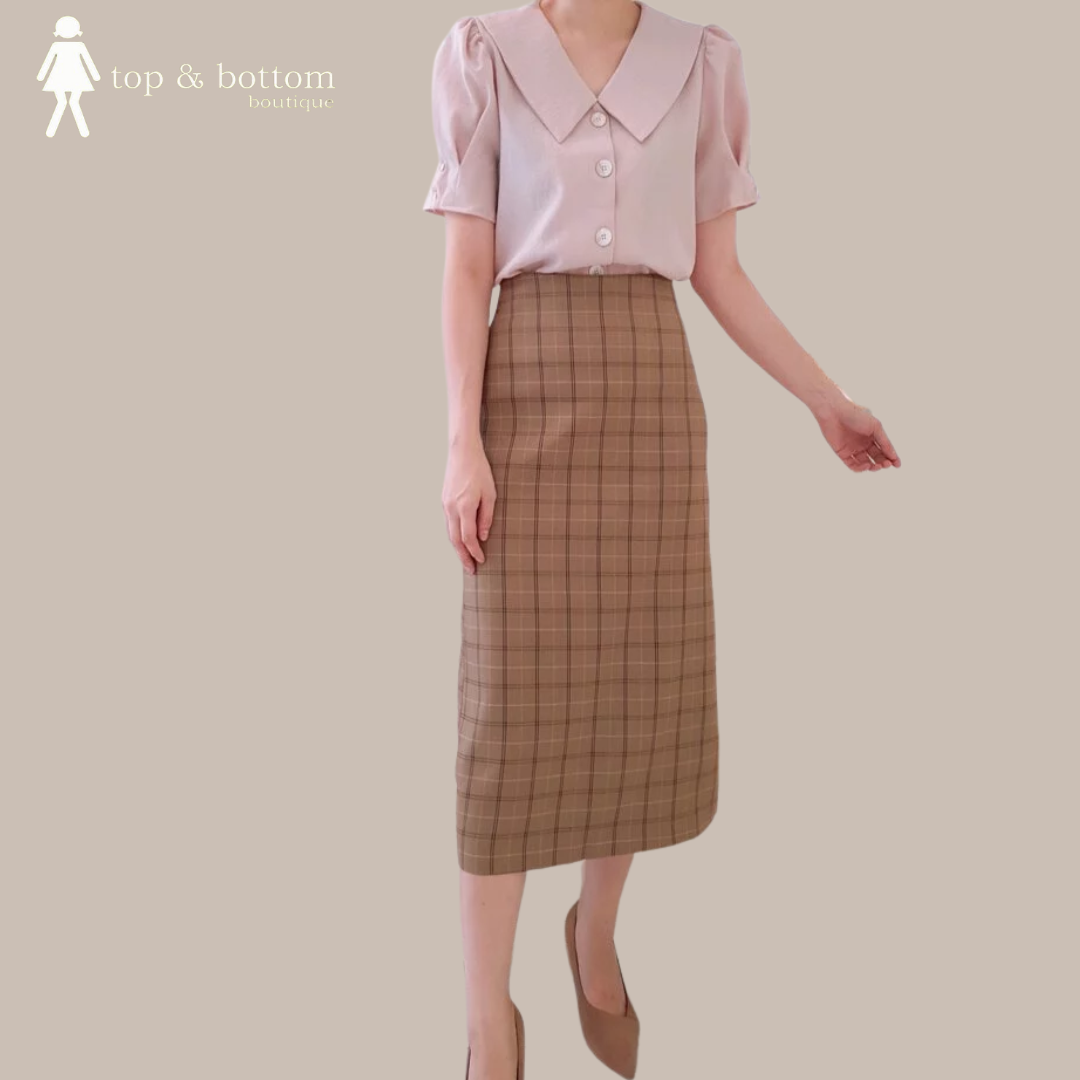 PLAID HIGH WAIST PENCIL MIDI SKIRT