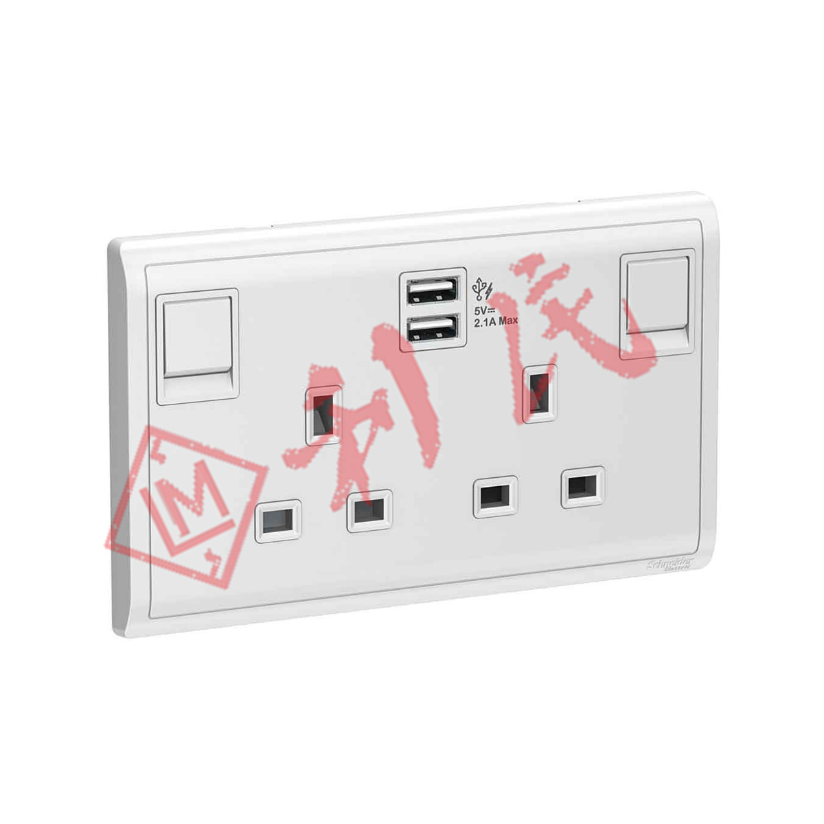 施耐德 PIENO豐尚 13A 兩位連保護門插座連兩位USB 充電插座 2.1A (白/薰衣草銀/沉醉金/寫意黑)