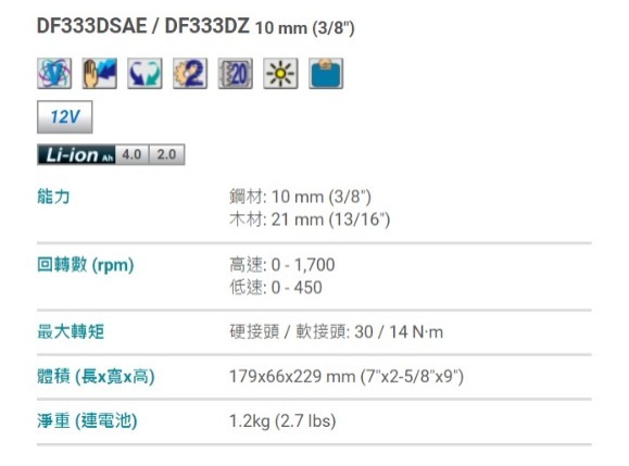 DF333DSAE 充電式起子電鑽 12V MAX (2.0Ah+充電)