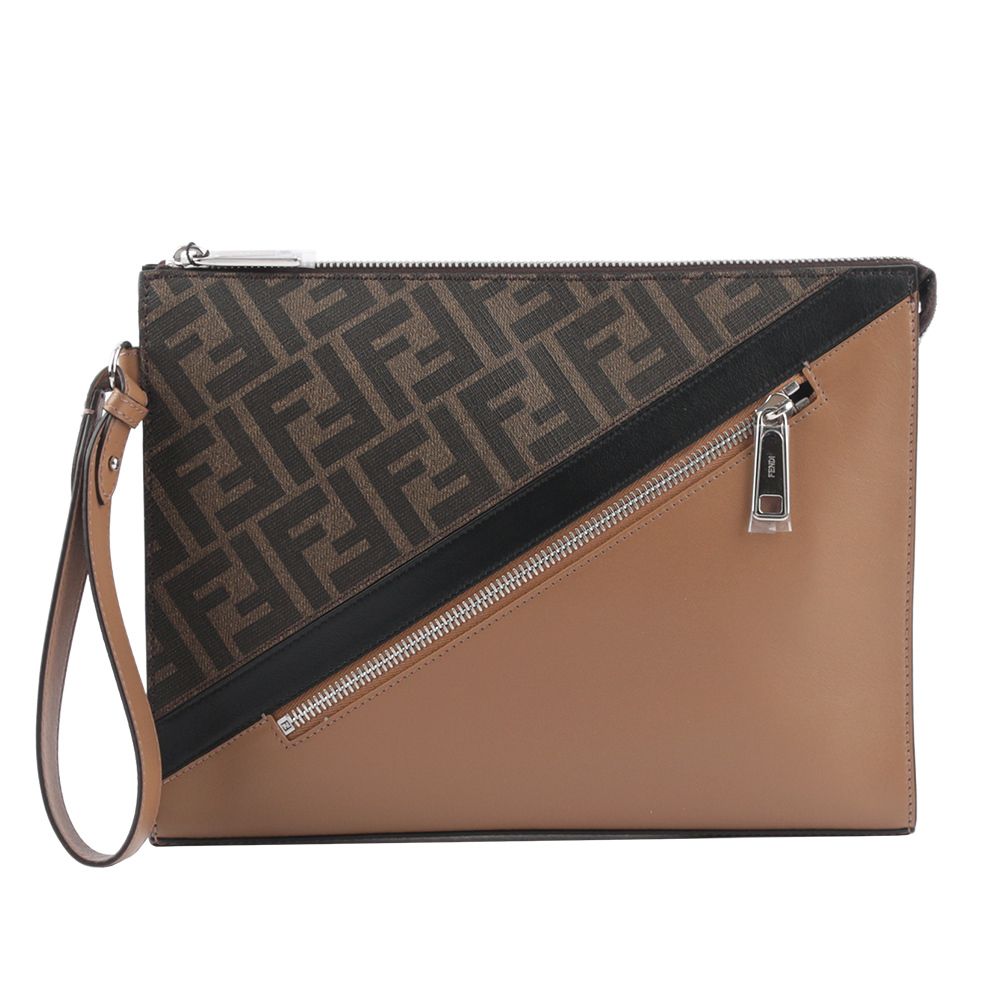 【FENDI】FF Logo帆布拼牛皮手拿包(咖啡/淺棕)