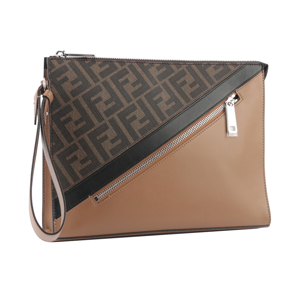 【FENDI】FF Logo帆布拼牛皮手拿包(咖啡/淺棕)