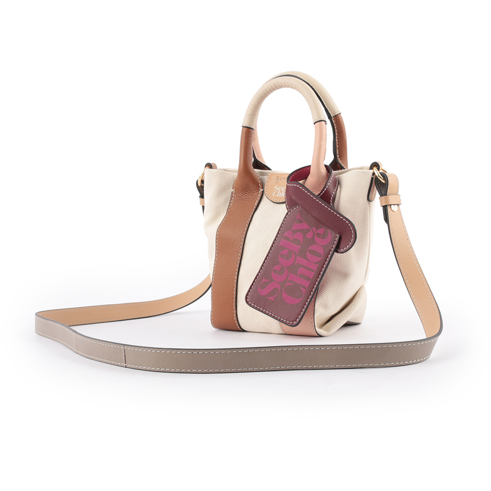 【SEE BY CHLOE】Laetizia 再生帆布拼皮革迷你二用托特包(棕色)