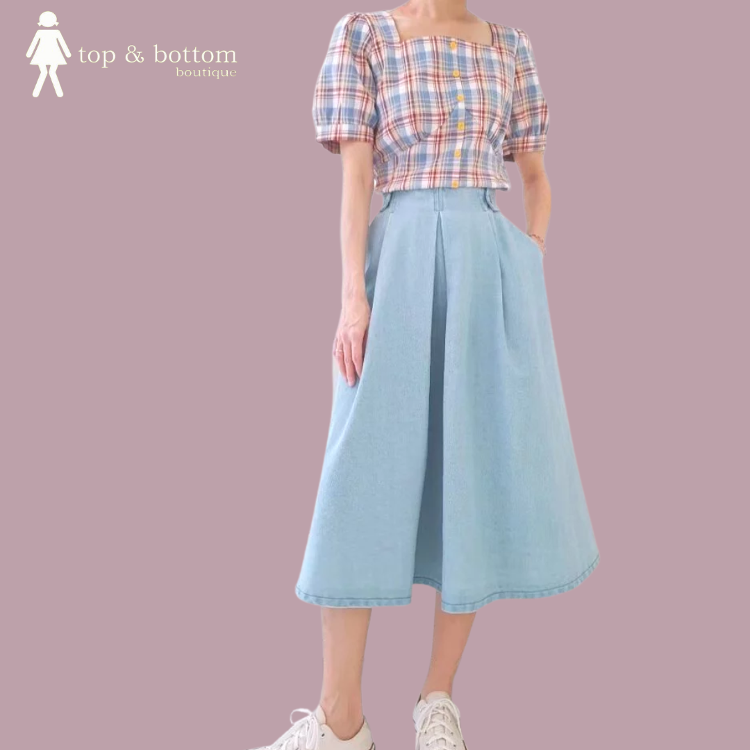 DENIM FRONT PLEAT FLARE MIDI SKIRT
