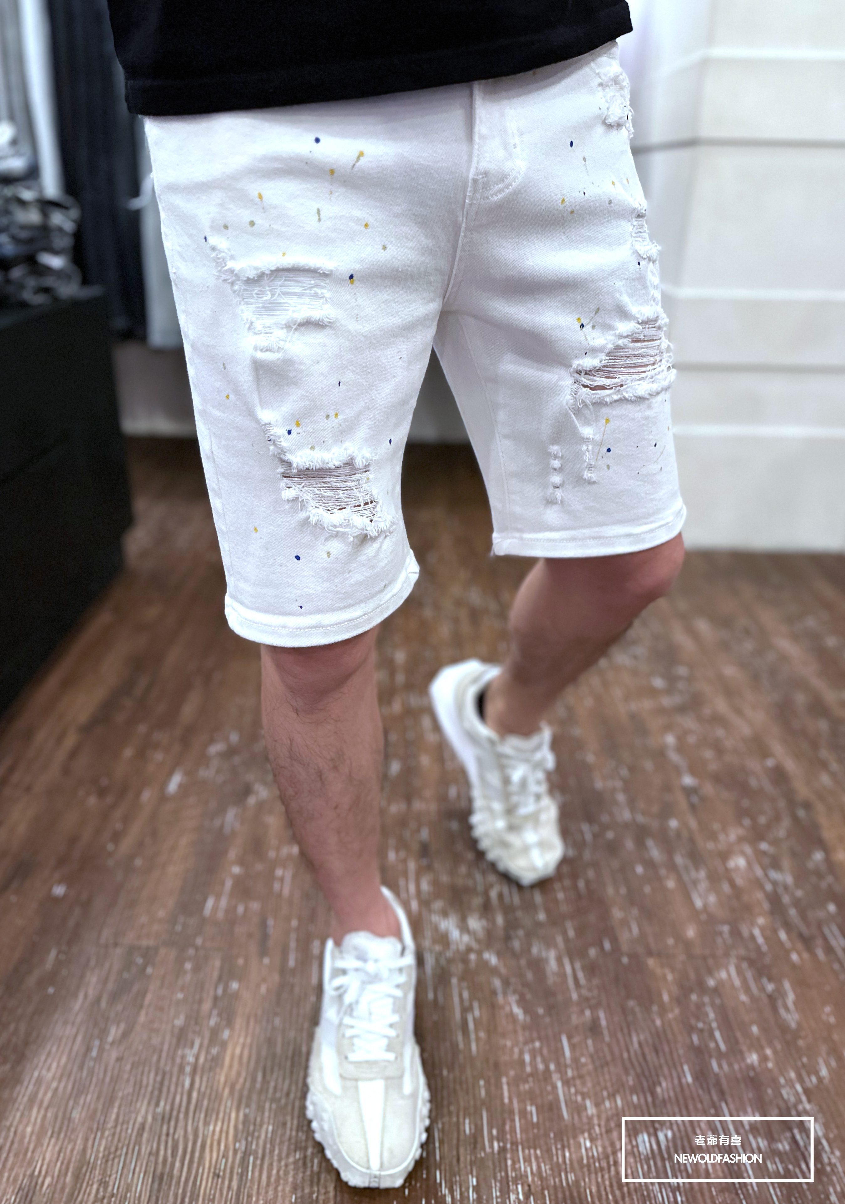 『新品上市』重磅全白彈性潑漆牛仔短褲(NOF2303290)