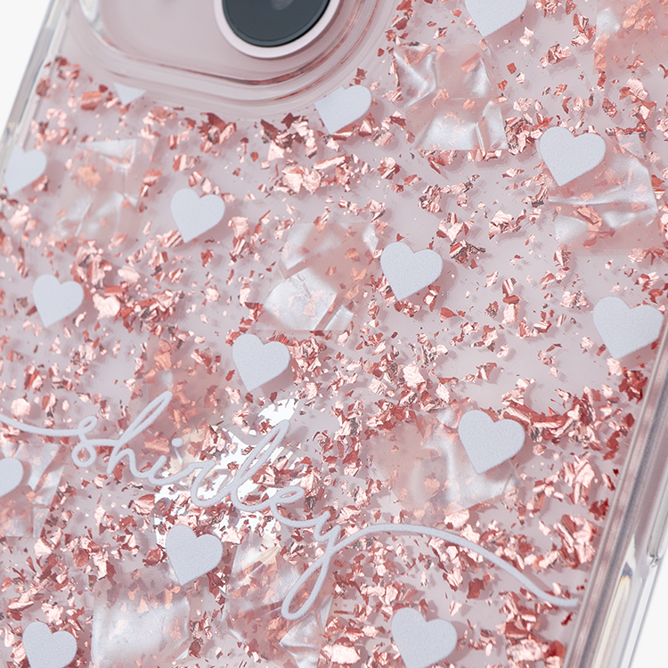 白色愛心 玫瑰金貝拉殼 - (訂製名字) iPhone客製化手機殼