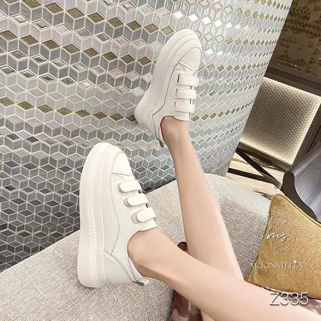 三魔鬼氈牛皮厚底小白鞋