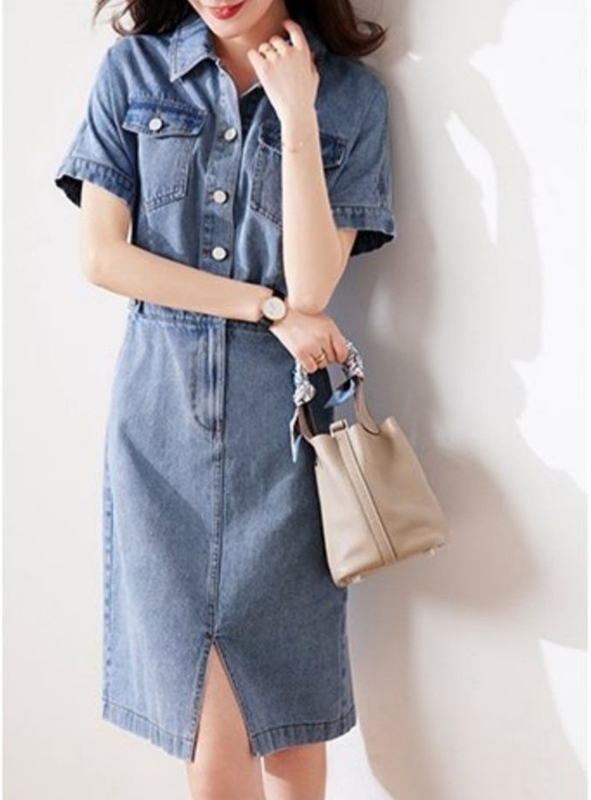 立領剪裁牛仔洋裝 藍色