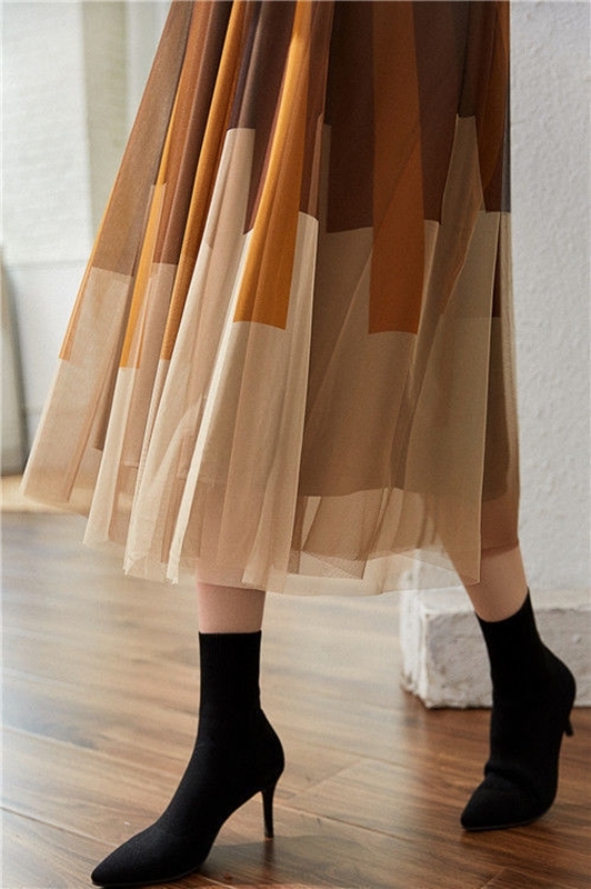 拼色雙層網紗裙 咖啡