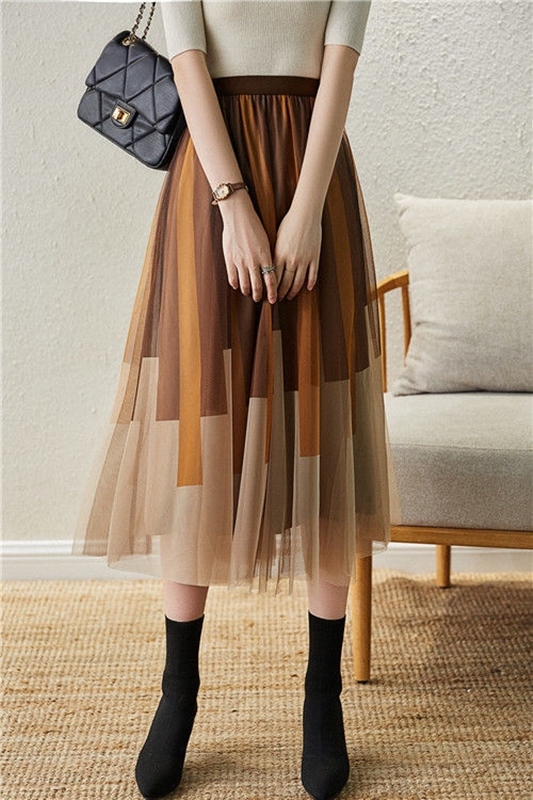 拼色雙層網紗裙 咖啡
