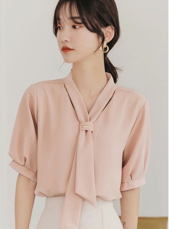 領帶造型雪紡上衣 三色