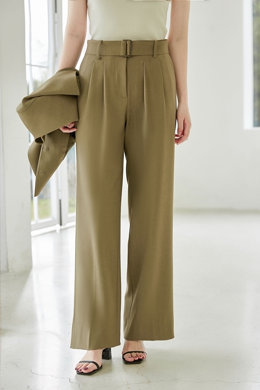 直筒剪裁西裝寬褲 卡其綠