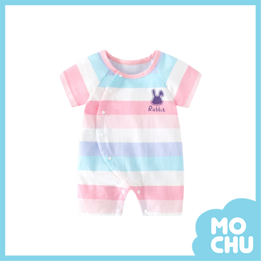 粉彩條紋兔短袖連身衣
