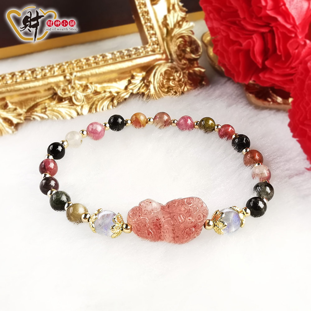 【財神小舖】幸運碧璽 - 草莓晶貔貅手鍊 (含開光)