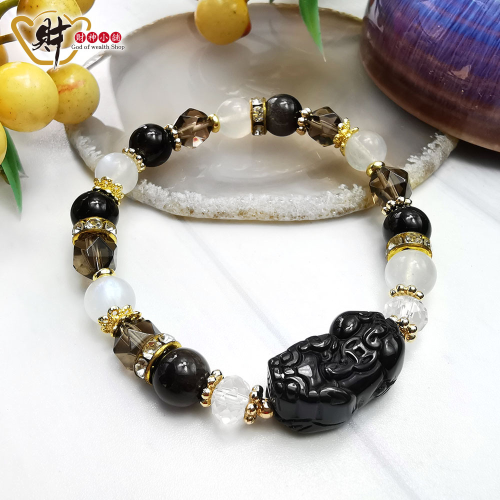 【財神小舖】耀眼銀月 - 貔貅黑曜水晶手鍊8mm (含開光)