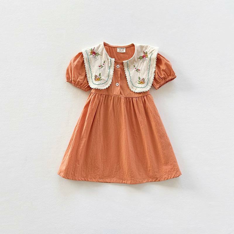 H100BN_SS23_C🌻🌸韓風焦糖色田園刺繡碎花領連身裙