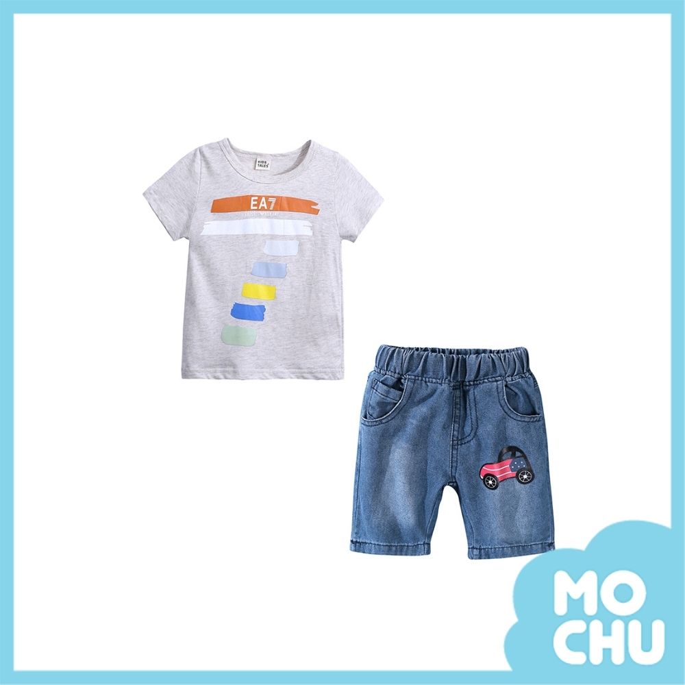 繽紛彩條牛仔短褲套裝(兩色)