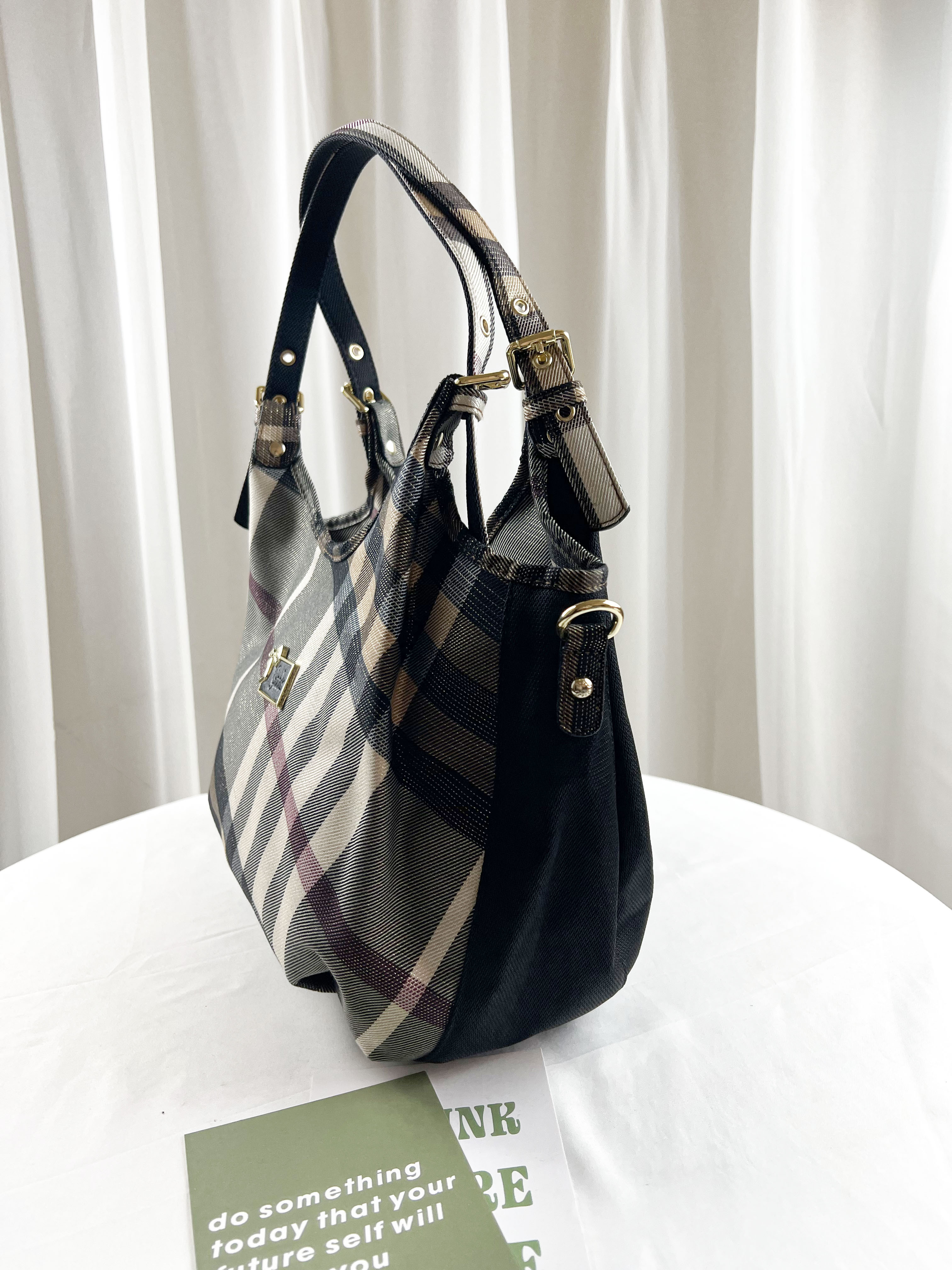 GOODS 金線大格黑拼色防潑水手提包 / 側背包 #2520