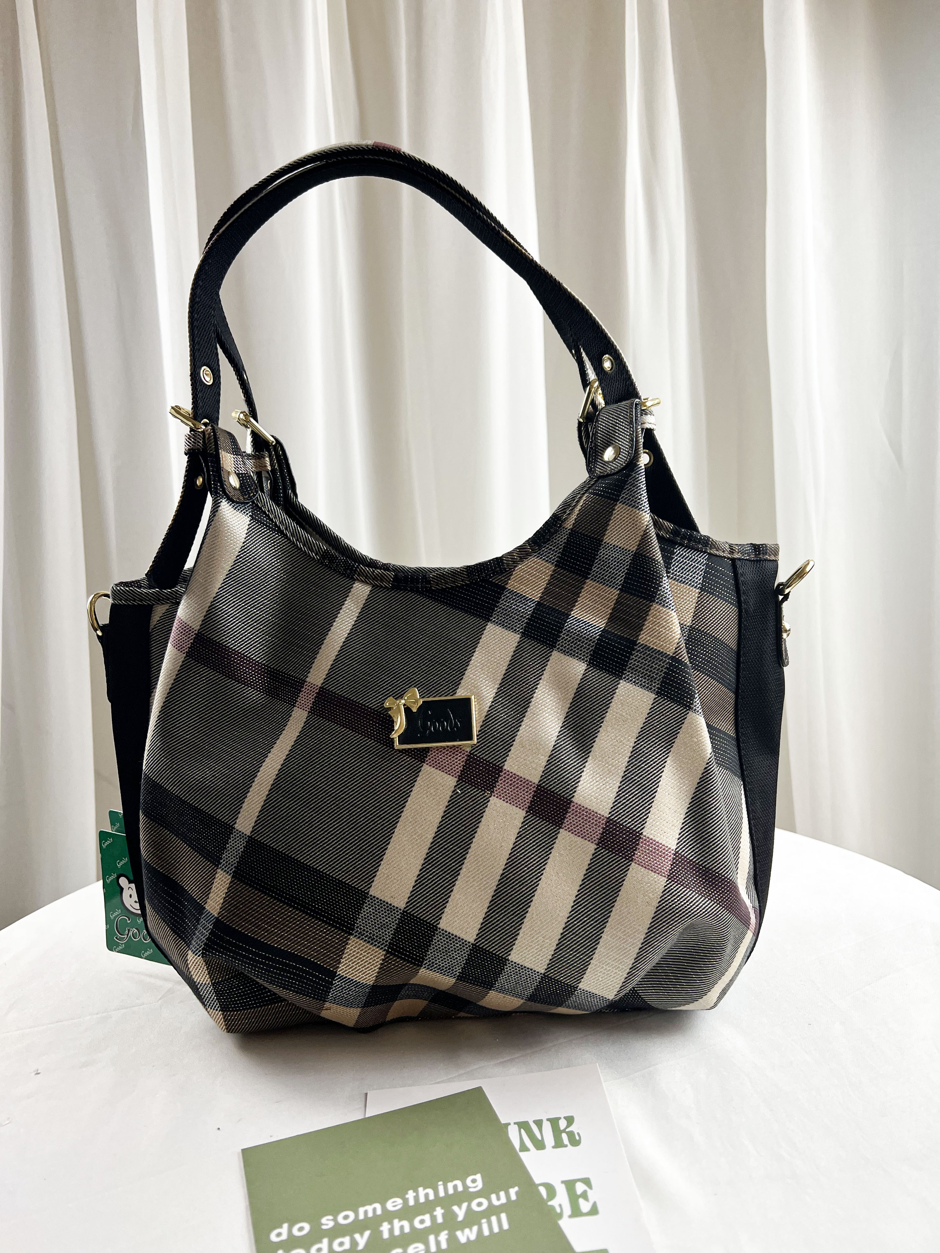 GOODS 金線大格黑拼色防潑水手提包 / 側背包 #2520