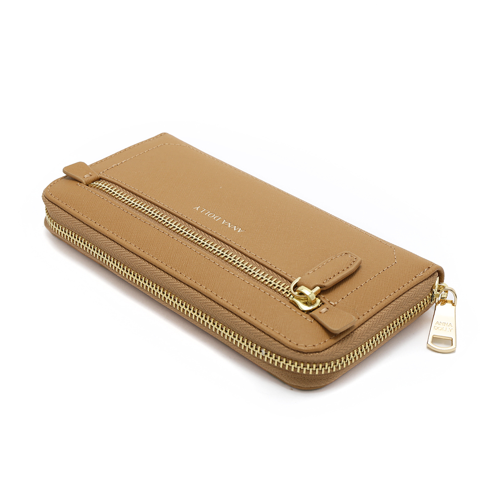 經典十字紋真皮拉鍊長夾 百搭駝棕