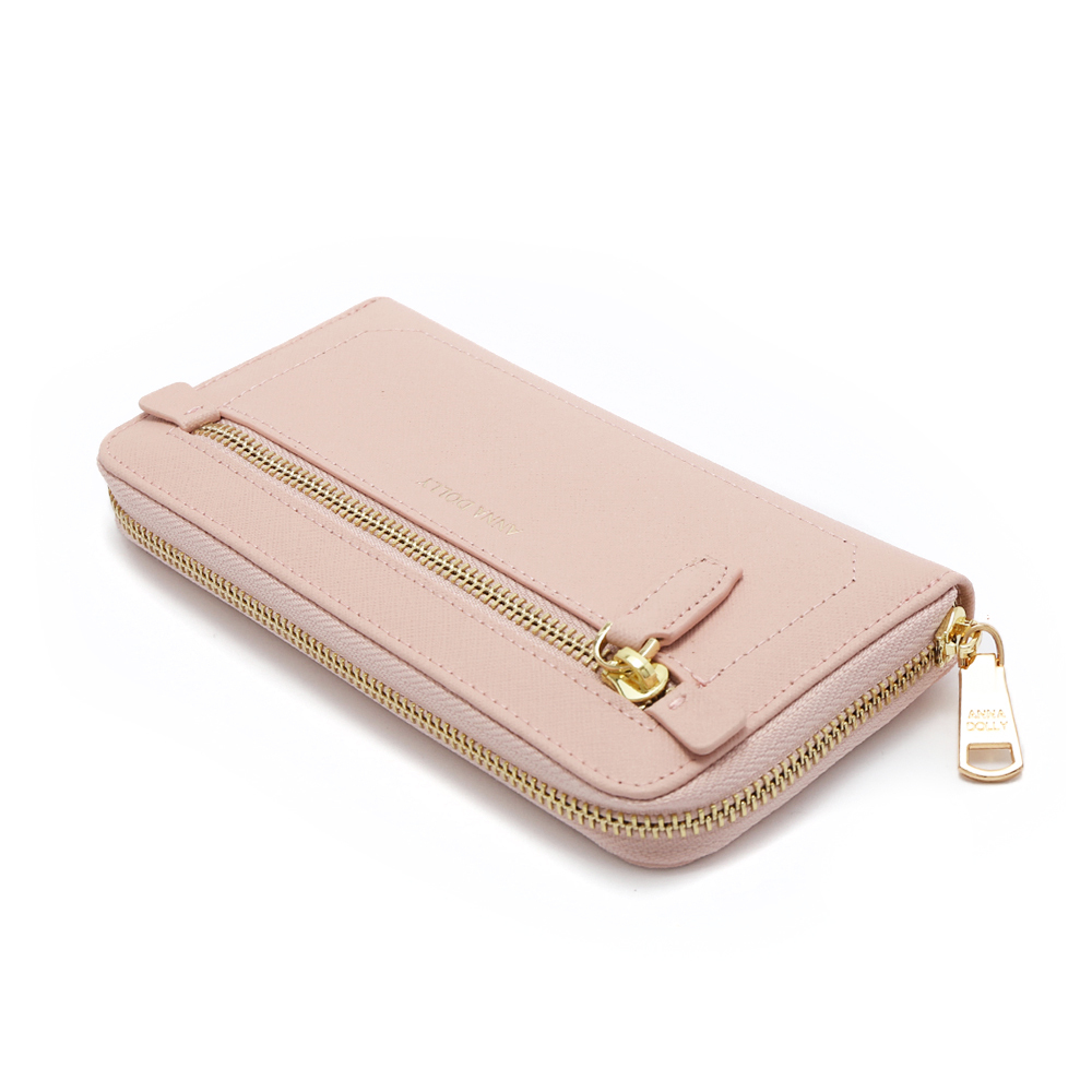 經典十字紋真皮拉鍊長夾 櫻花嫩粉