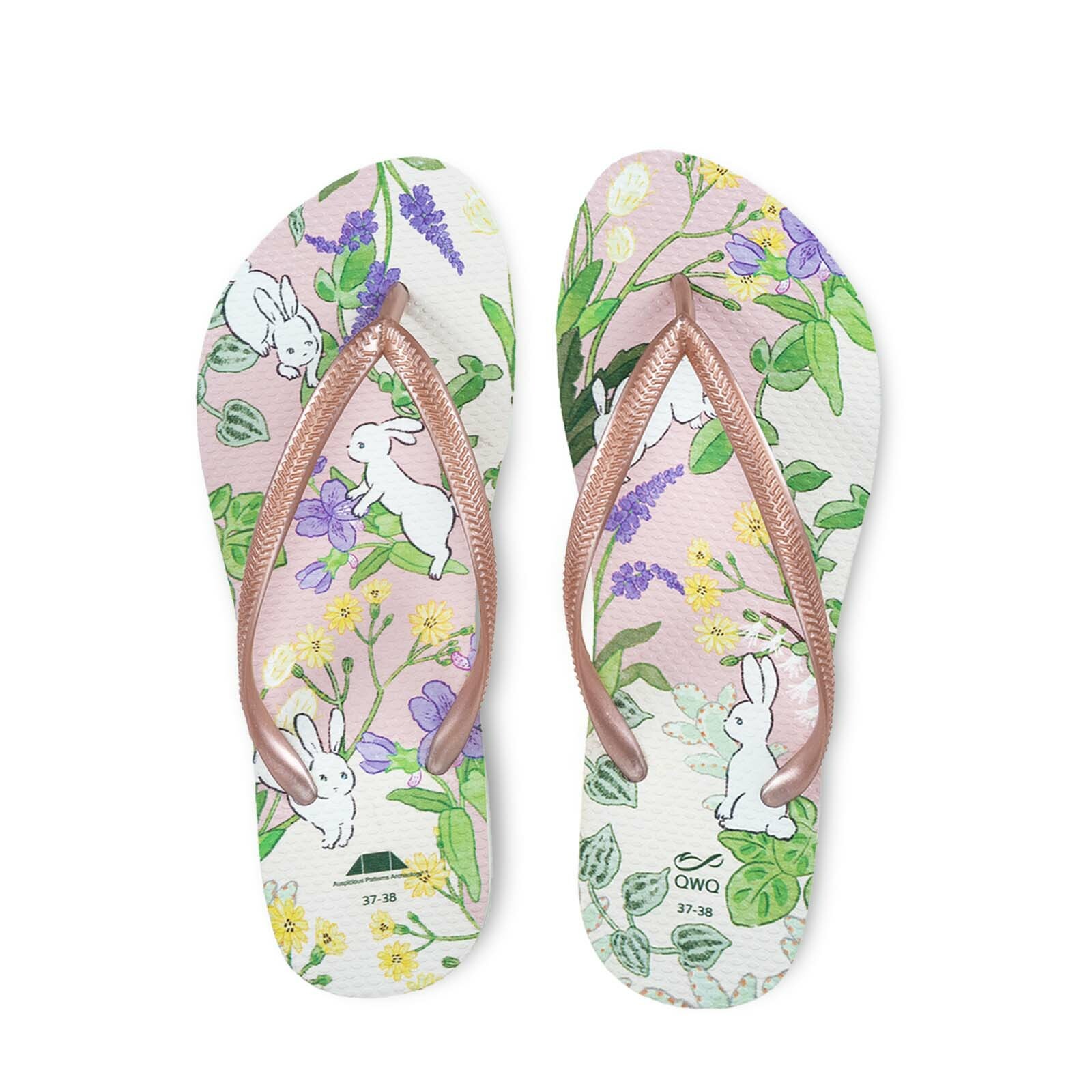 吉文考古 兔年賀歲 白底粉金帶 女款細帶人字夾腳拖鞋