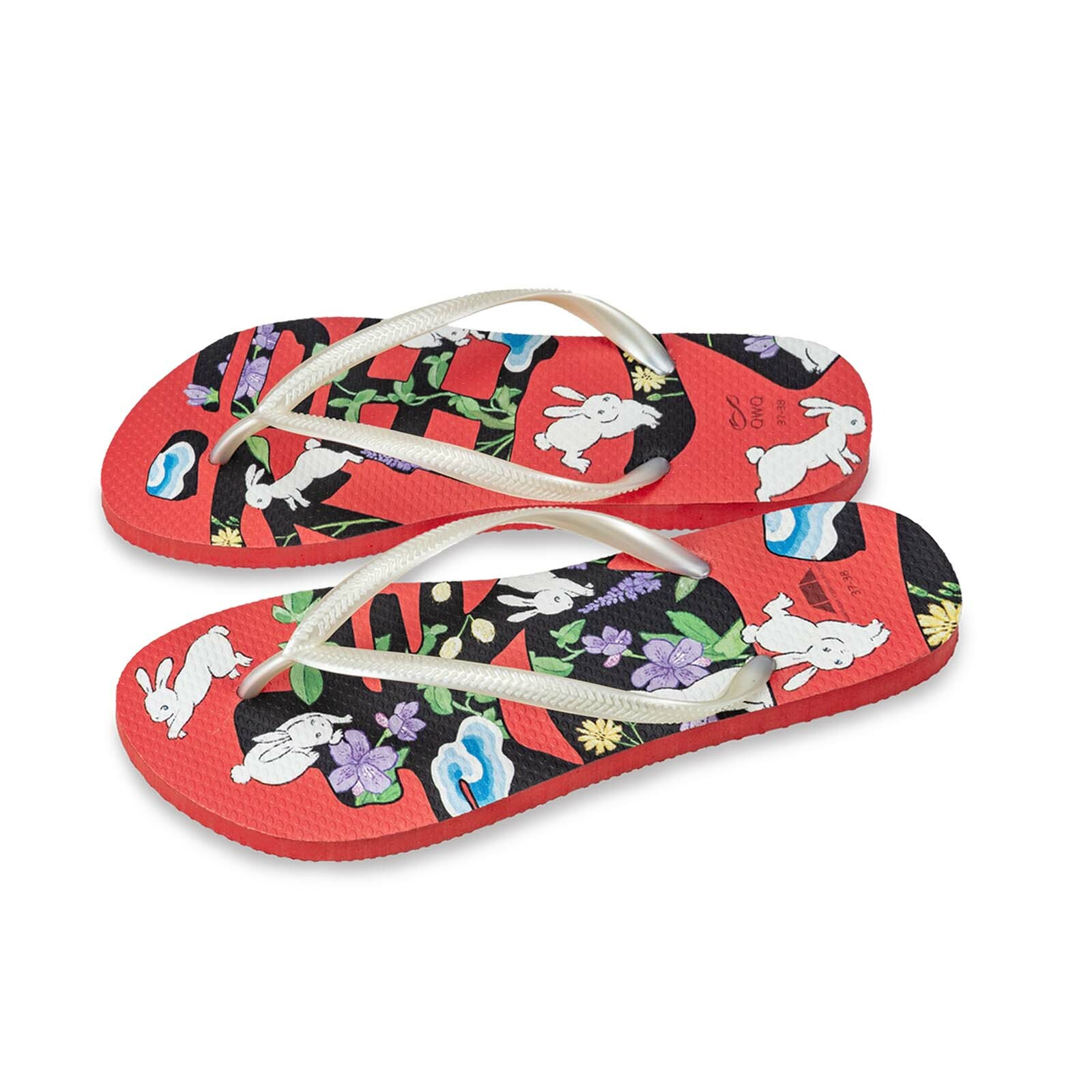 吉文考古 春到福到 紅底白帶 女款細帶人字夾腳拖鞋