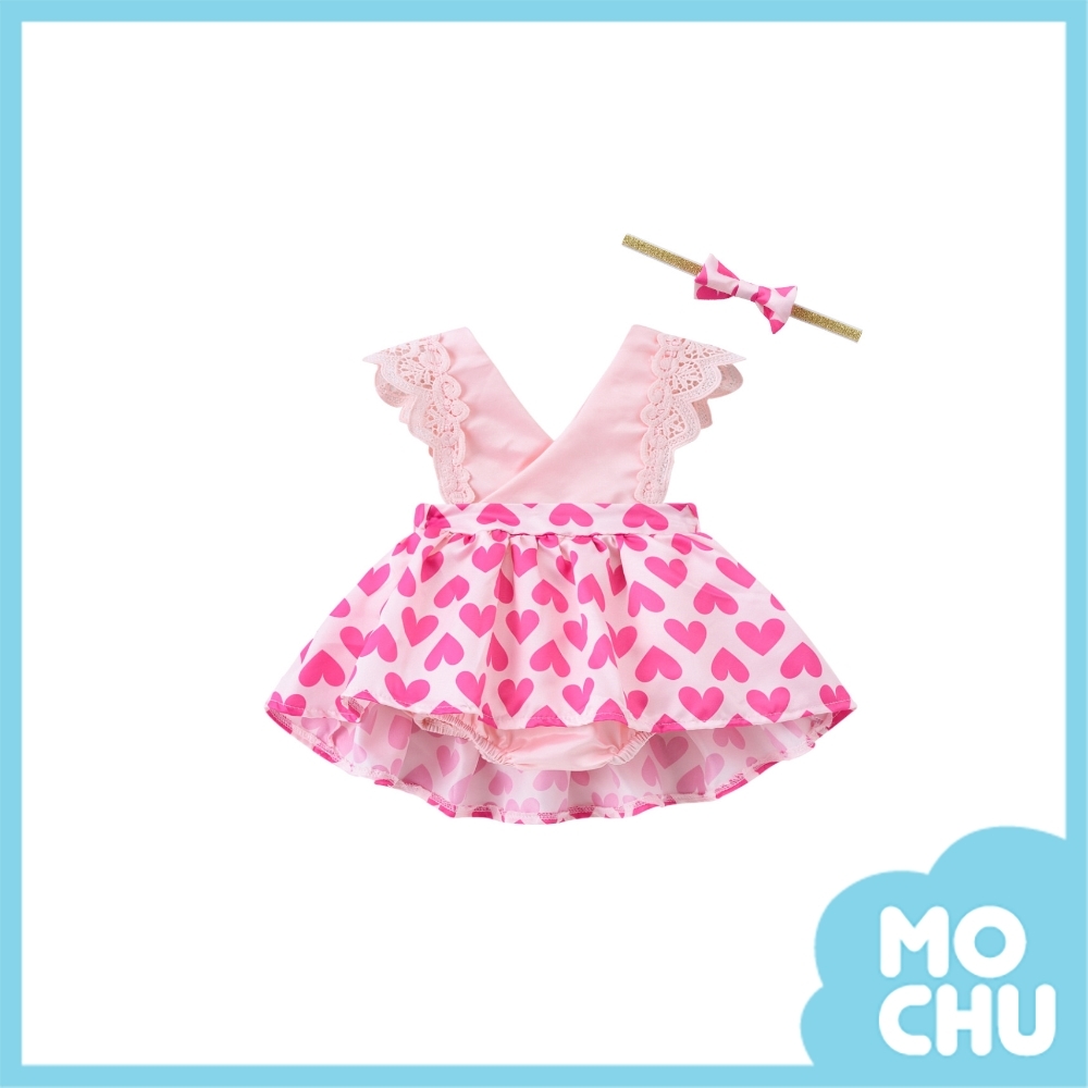 小小愛心蕾絲包屁連衣裙+髮帶(三色)